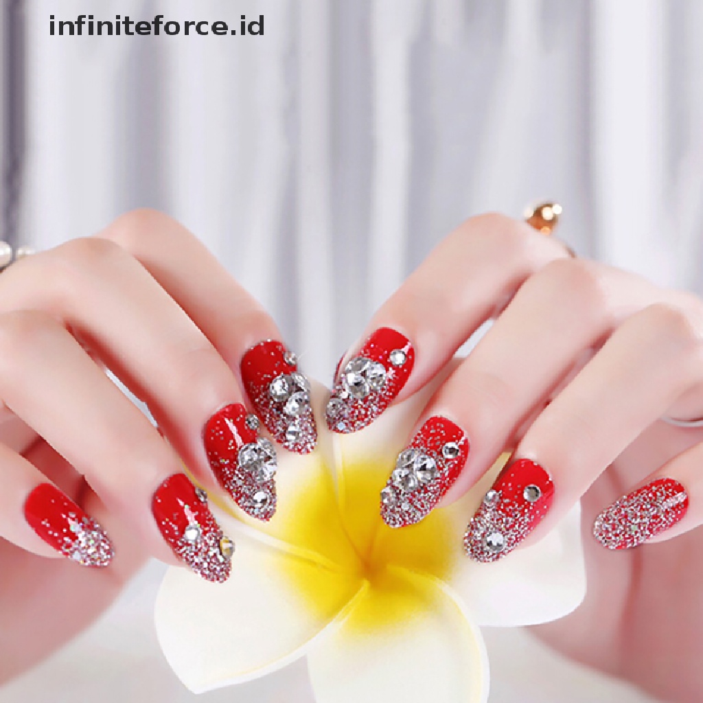 Infiniteforce.id 24Pcs / Set Kuku Palsu Akrilik UV Gel Warna Merah Untuk Nail Art