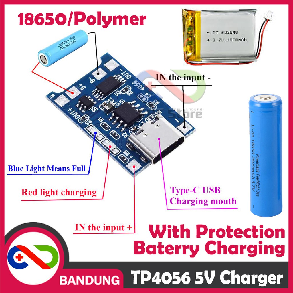 TP4056 + BMS 5V USB TYPE-C 1A LITHIUM BATTERY CHARGING + PROTECTION MODULE