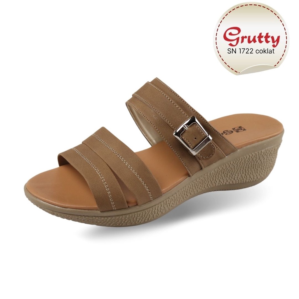 Sendal Wedges Wanita Sandal Slop Wedges Terbaru Grutty SN1722 Coklat