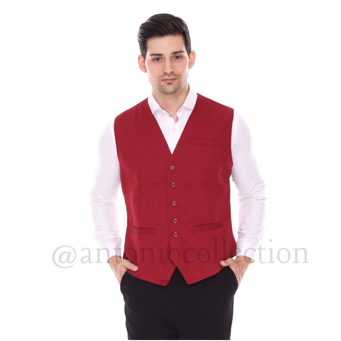 Rompi / Vest Jas Formal untuk Seragam Hotel Cafe Restoran Merah Maroon