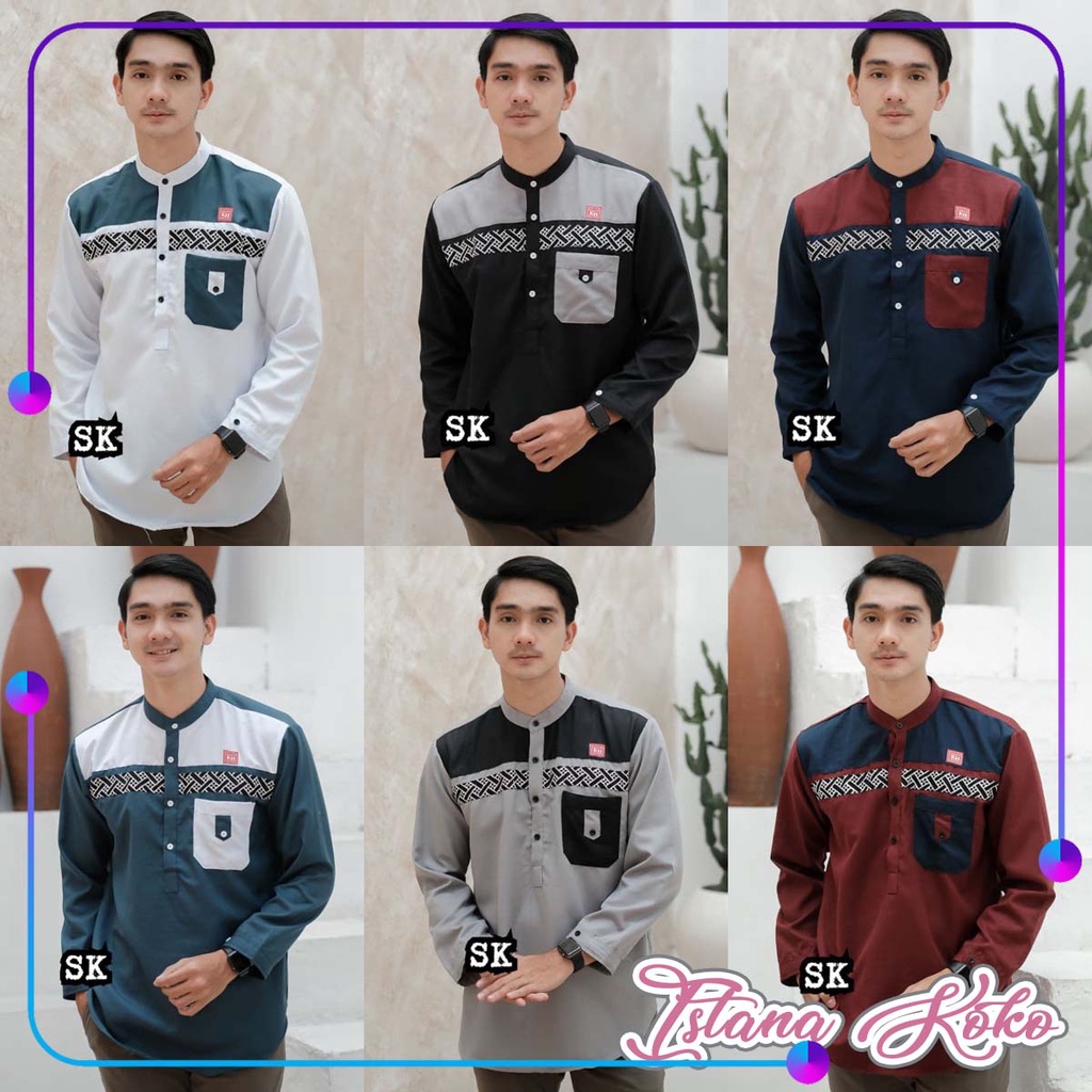 Busana Muslim Model Kombinasi Saku Warna Hitam Abu Marun Navy Putih - Kurta Panjang Toyobo
