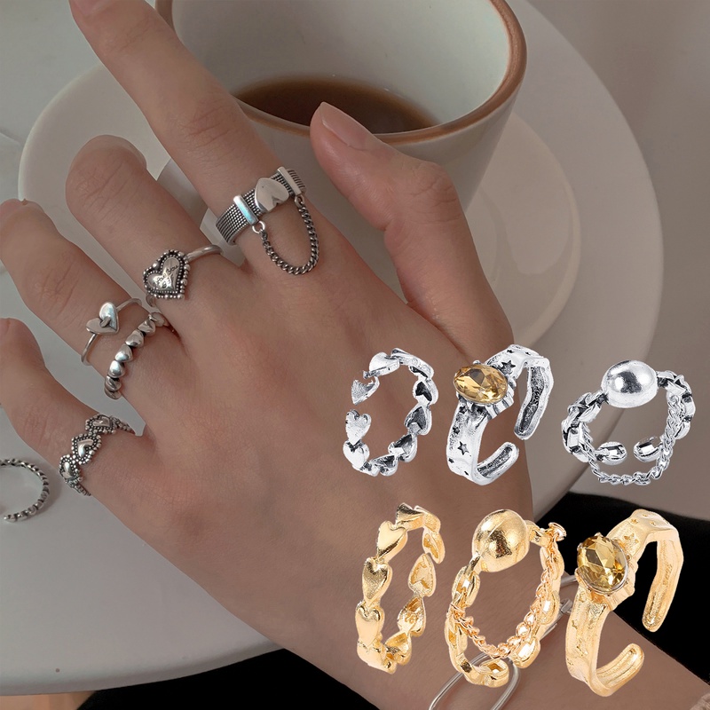 Set Cincin Bentuk Hati Geometris Bahan Alloy Warna Emas Perak Gaya Punk Korea Untuk Wanita