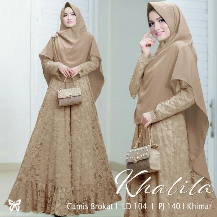 Gamis / Baju / Dress Setelan Wanita Muslim Khalila Syari Brukat HQ - Mocca