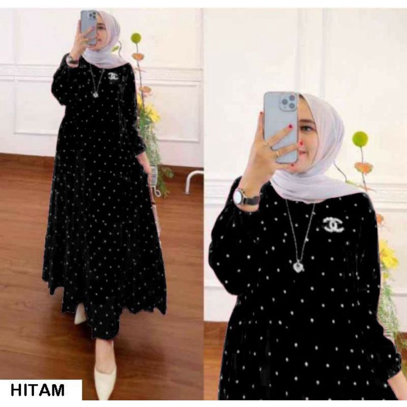 Pakaian Wanita Gamis midi Rayon Chanel Motif Polka Terbaru Free Bross