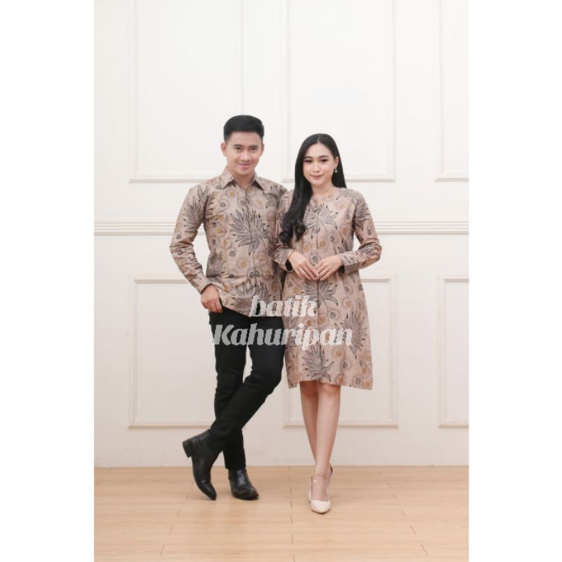 Tunik Batik kancing depan busui Batik Couple Batik Kerja Atasan Batik Wanita Lengan Panjang Manggar Coklat