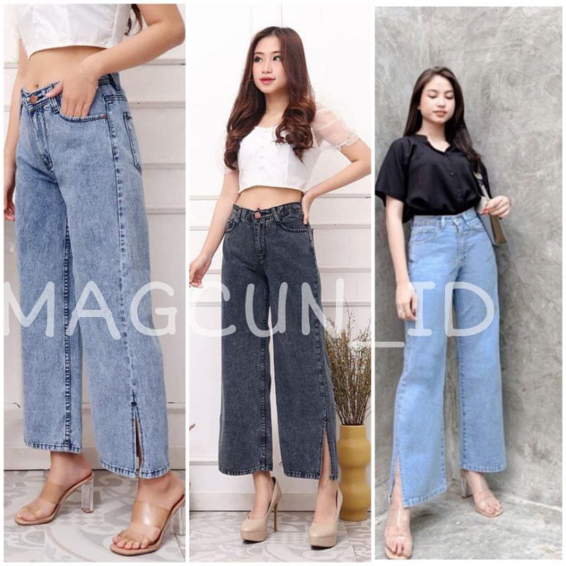 MAGCUN STORE - Celana Highwaist Jeans Wanita - Boyfriend Kulot Jeans Eonni - BF Kulot Eonni Kaki Belah