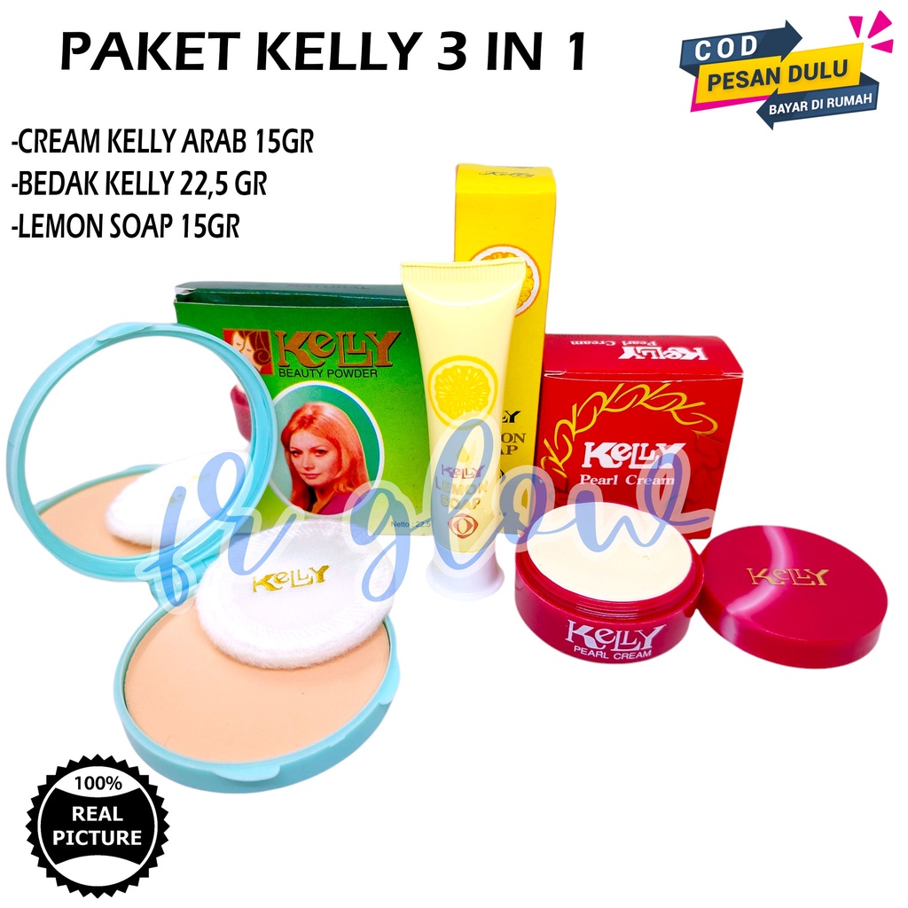 Paket Lengkap Kelly 3 in 1 ( Kelly Cream Pearl 15gr - Bedak Beauty Powder - Kelly Lemon Soap )