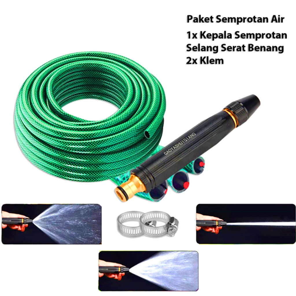 Paket Selang 5/8 Set Alat Cuci Motor - Selang Air Serat Benang Hijau Semprotan Air Kuningan - Semprotan Air Kuningan Cuci Motor Mobil 5/8 Inch