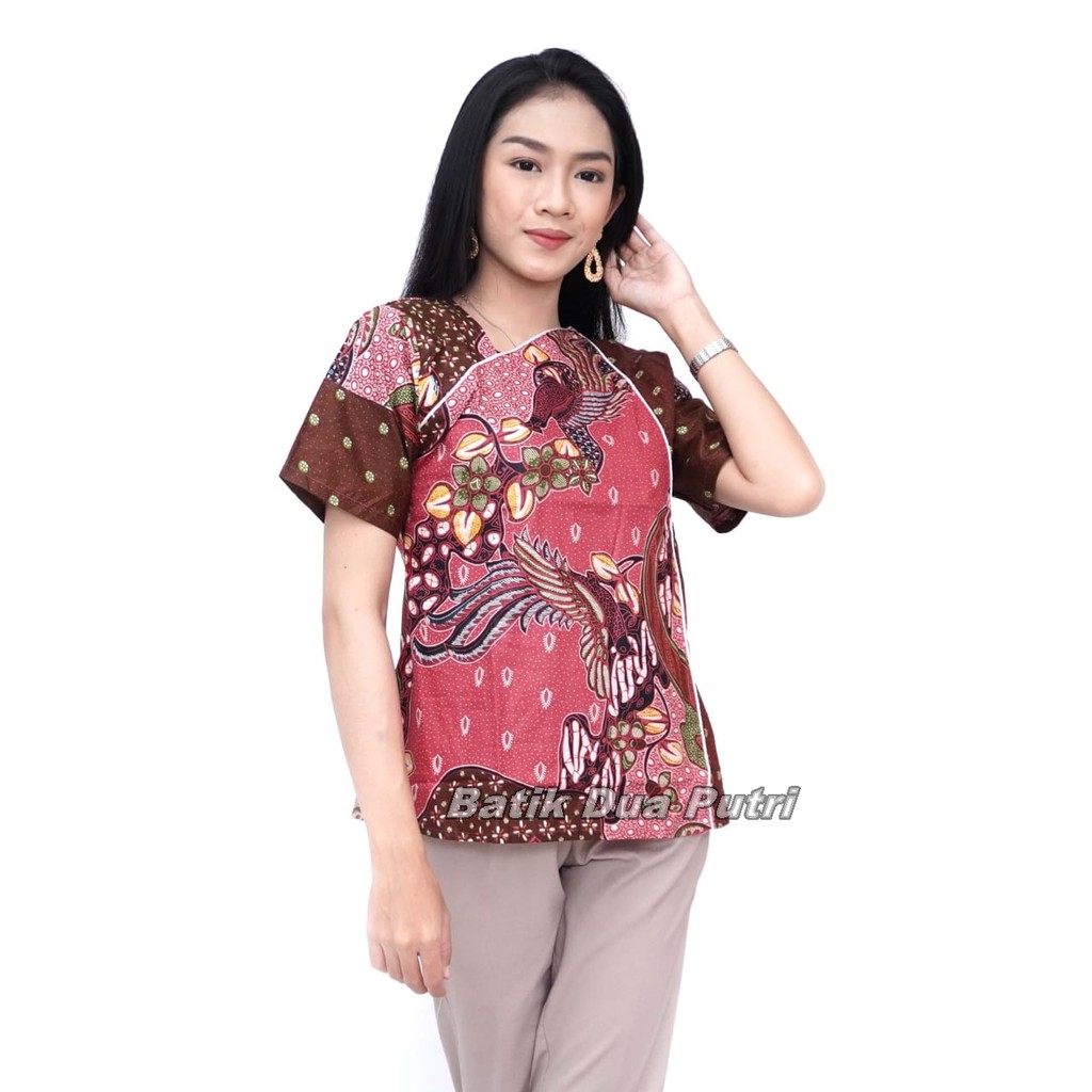 Batik Wanita Lengan Pendek Blouse Atasan Warna Pink Model Modern Trendy 2021- Motif kombinasi