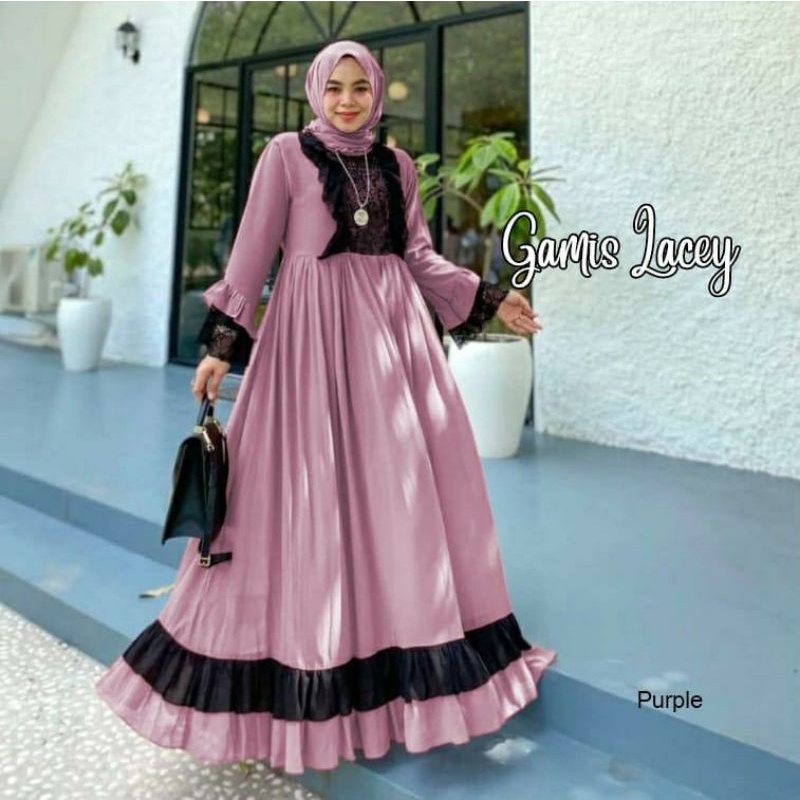 Gamis Lacey, GAMIS MUSLIM CANTIK FIT XXL LD 110 BAHAN CRUTTY BABYDOLL FULL FURING MIX LACE OOTD TERLARIS TERMURAH OOTD