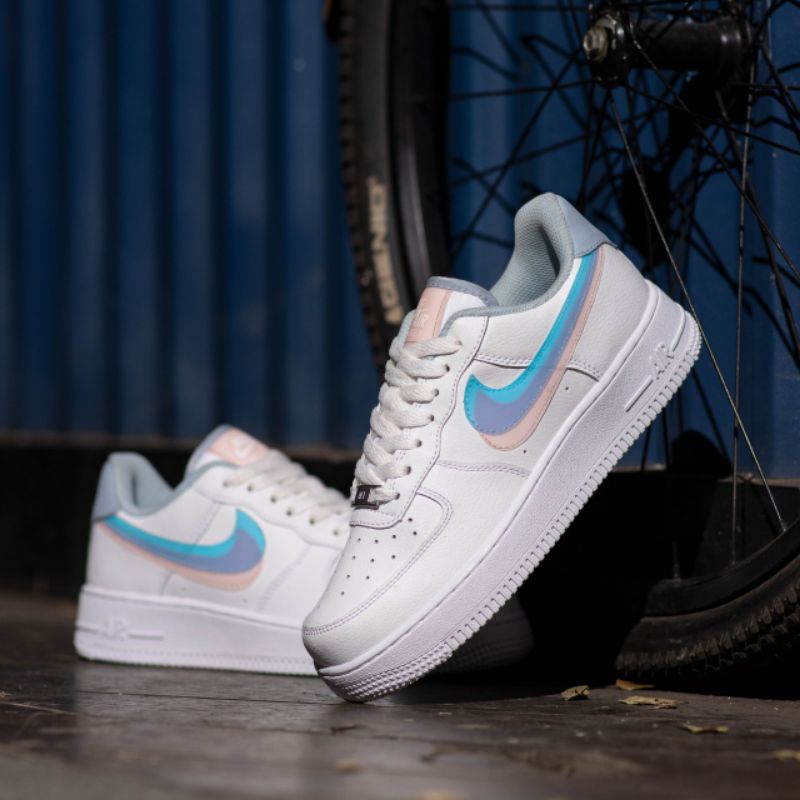 Sepatu Nk Air Force 1 GD Double Swoosh White Blue Peach Original OEM Sneakers Wanita