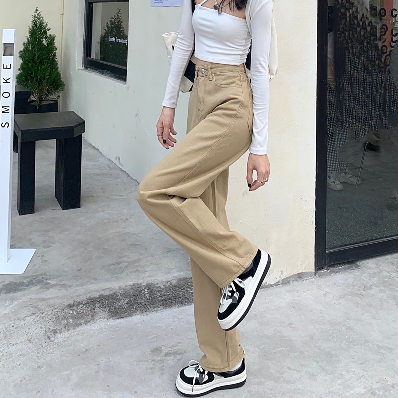 New khaki ringan high waist kulot celana jeans panjang wanita