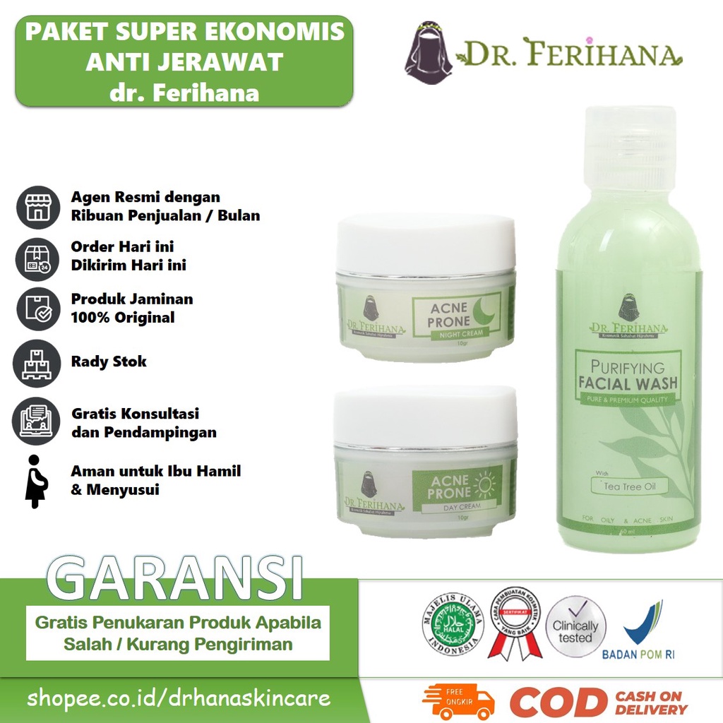 Paket Super Ekonomis Anti Jerawat dr. Ferihana Cosmetics &amp; Skincare Rangkaian Perawatan Wajah untuk Kulit Berminyak Berjerawat Ringan Sedang sampai Meradang Bernanah