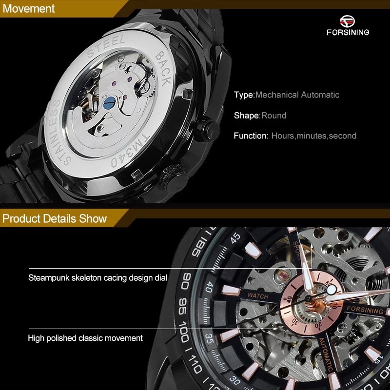 Jam Tangan Mekanik Automatic Forsining Skeleton Movement Sporty Bisnis All Black