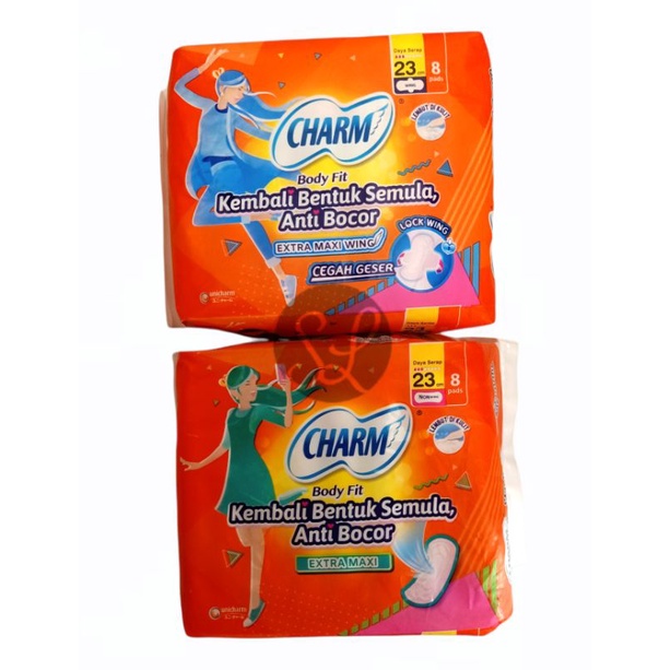 Charm Body Fit Extra Maxi Wing Daya Serap 23cm Isi 8 Pads Pembalut Charm 23cm Charm Body Fit Extra Maxi Body Fit