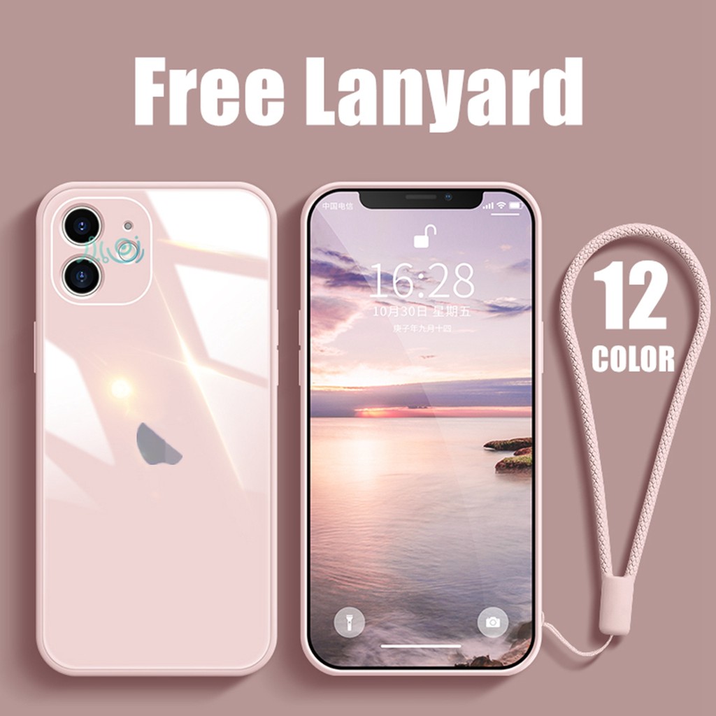 【Free Lanyard】Macaron case For iPhone 13 Pro MAX 11 12 Pro MAX XS MAX XR X  7+ 8 Plus SE 2020 Tempered Glass Case Square Silicone back cover