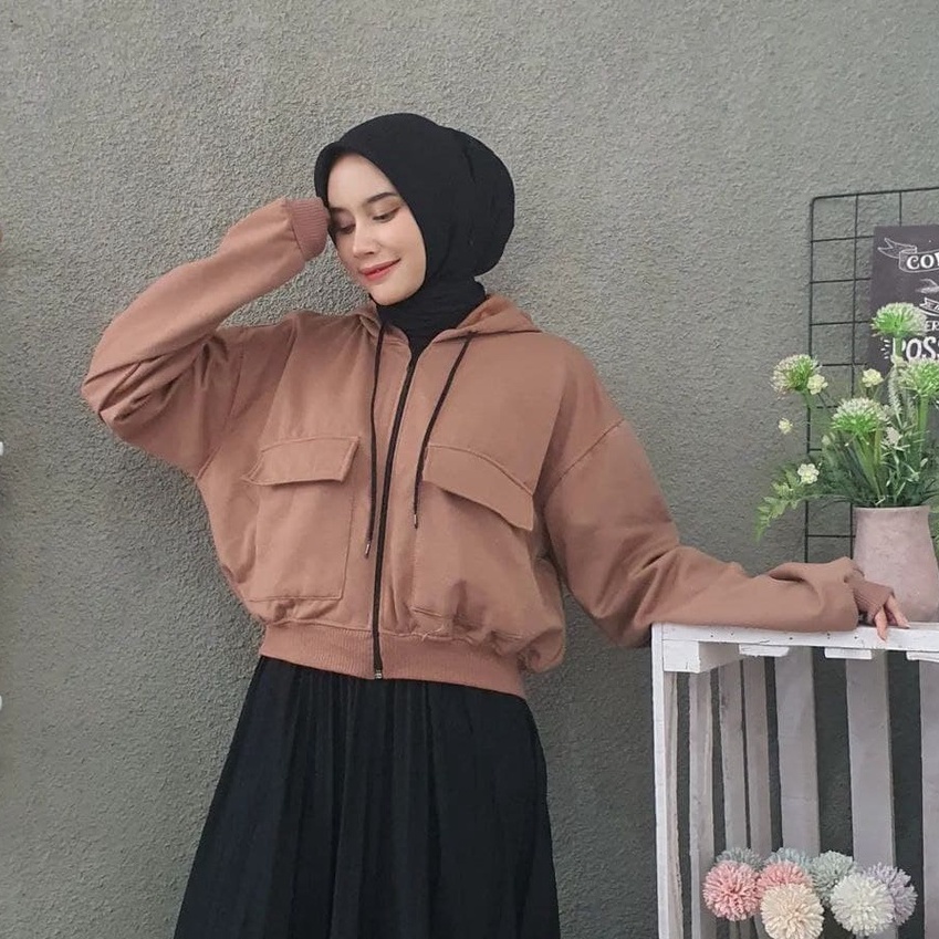 Nara Grosir - Zarra Crop Hodie l Jaket Polos Wanita