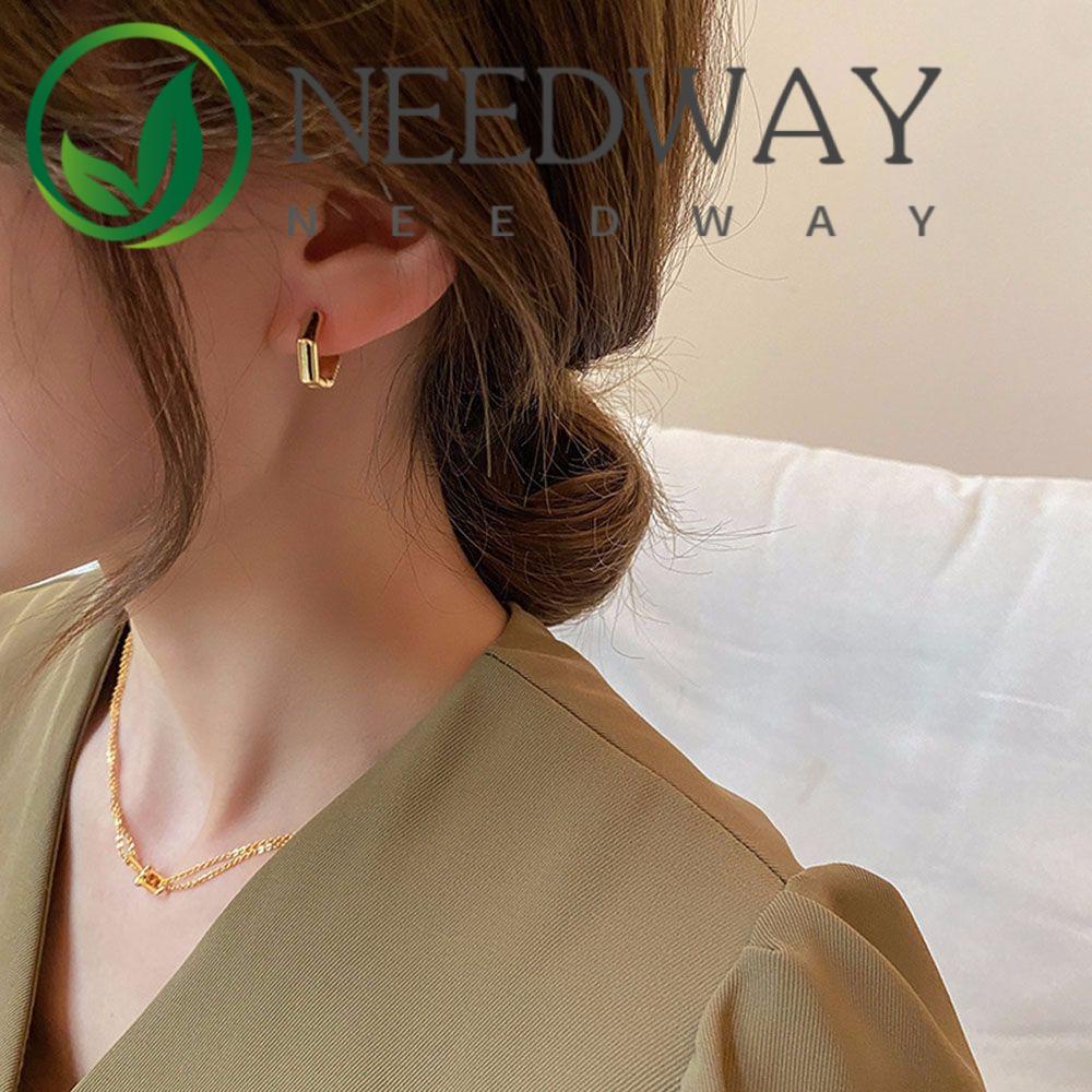 Needway  Gifts Square Earrings New Ear Studs Hexagon Hoop Earrings Glossy Daily Gold Color Women Girls Polygon Simplicity Fashion Jewelry/Multicolor