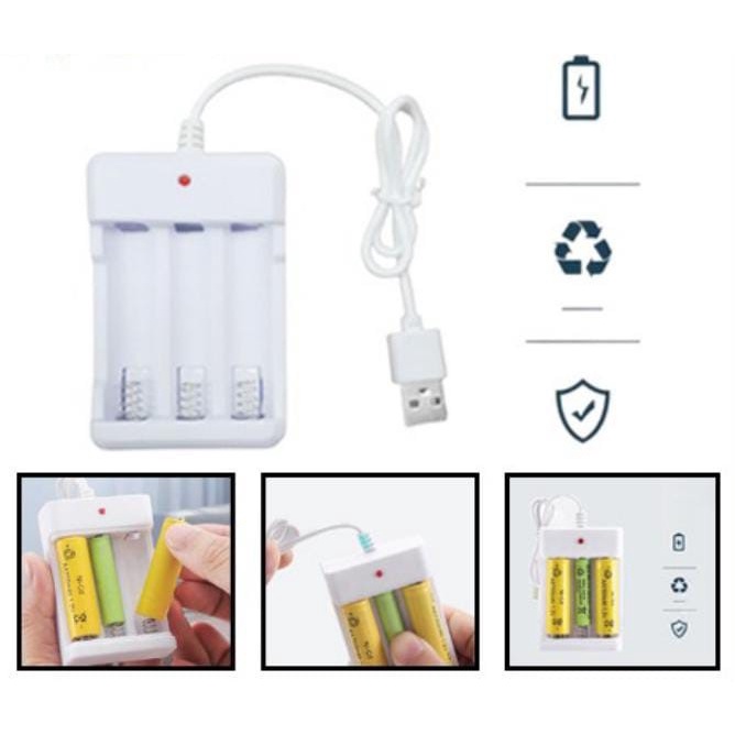 Desktop Charger Baterai Isi Ulang 3 Slot A2 A3 AA AAA Casan Kabel USB