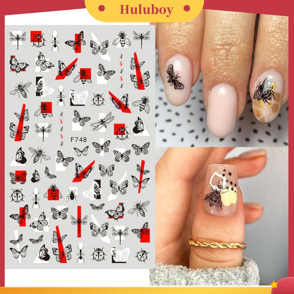 Huluboy Huluboy♡ 2pcs Stiker Kuku 3D Multifungsi Motif Kupu-Kupu Hitam Putih Gaya Punk Retro Untuk Wanita