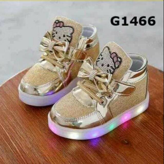 Sepatu LED Hello Kitty Lucu | Sepatu Gold Hello Kitty Anak