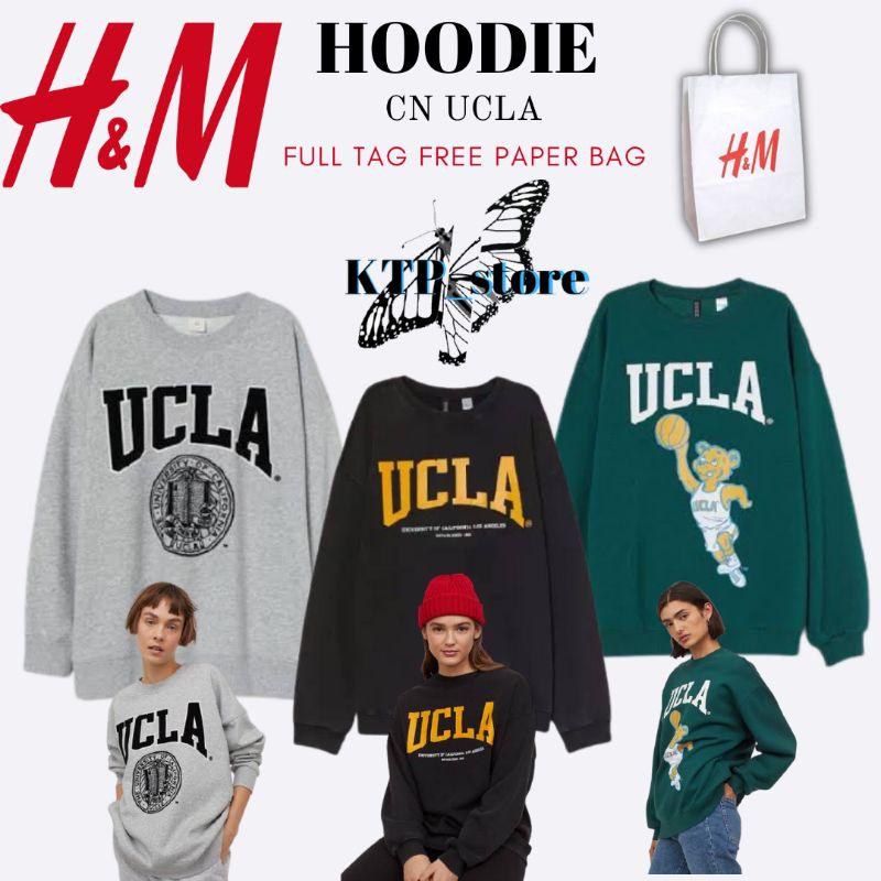 SWEATER SWEATSHIRT H&M UCLA SWEATER CREWNECK HnM UCLA GREY MISTY X BLACK X GREEN FULL TAG FREE PAPER