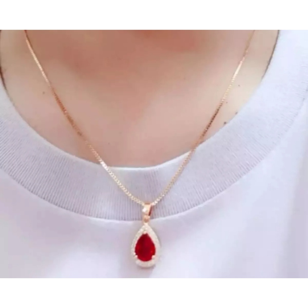 KALUNG TITANIUM ROSE GOLD MILANO LIONTIN PERMATA MERAH TETES AIR