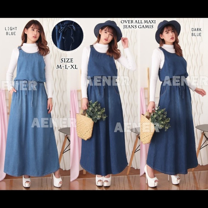 Gamis Overall Maxi Dress Jeans Rok Panjang Kodok Wanita - Light Blue, L