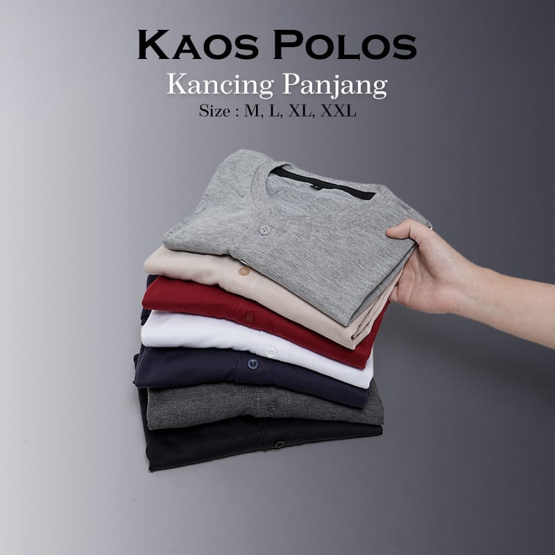 Noveli wear - Kaos hanley kancing lengan panjang | atasan baju kaos polos kancing seragam pria dan wanita O neck M L XL XXL