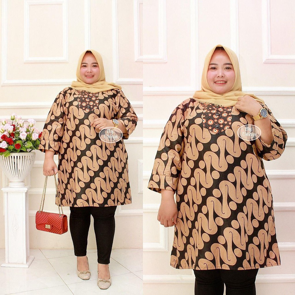 Tunik Batik Wanita Ukuran Jumbo LD 140cm Resleting Belakang Bahan Katun Adem Di Pakai Serap Keringat