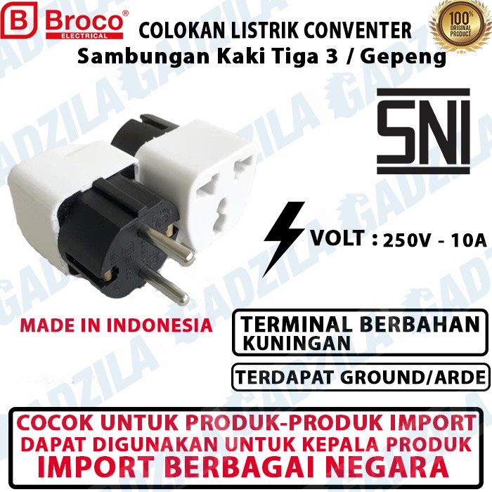 BROCO Colokan Listrik Converter Sambungan Kaki Tiga 3 / Gepeng SNI