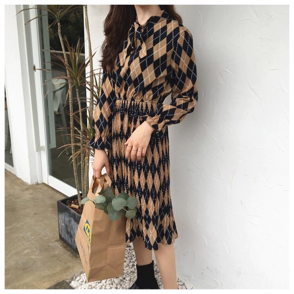 Dress Midi Lengan Panjang Bahan Sifon Motif Bunga Gaya Korea