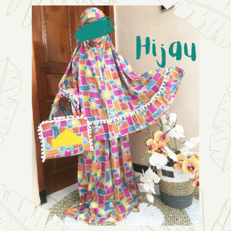 MUKENAH SAJADAH LIPAT ANAK vol. 2 & vol. 3|| MUKENAH RAYON ANAK || MUKENAH ANAK MURAH-Hijau motif patch