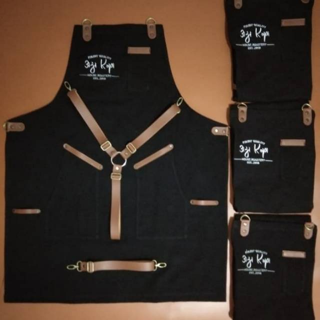 apron barista celemek cafe apron barbershop celemek cukur rambut black denim crossback strep synthetic leather for barista barber etc include bordir