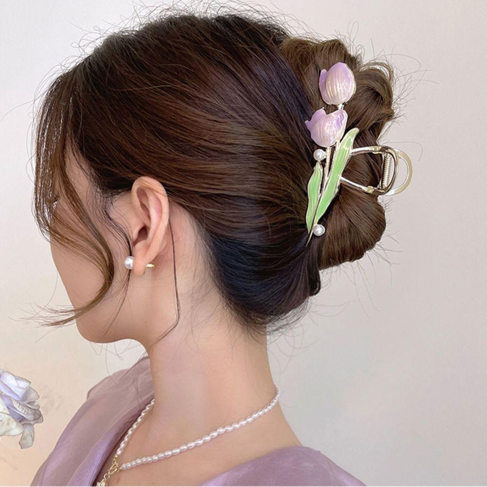 NEEDWAY Wanita Cakar Rambut Hiasan Kepala Vintage Rambut Jepit Tulip Untuk Perempuan Temperamen Ponytail Clip