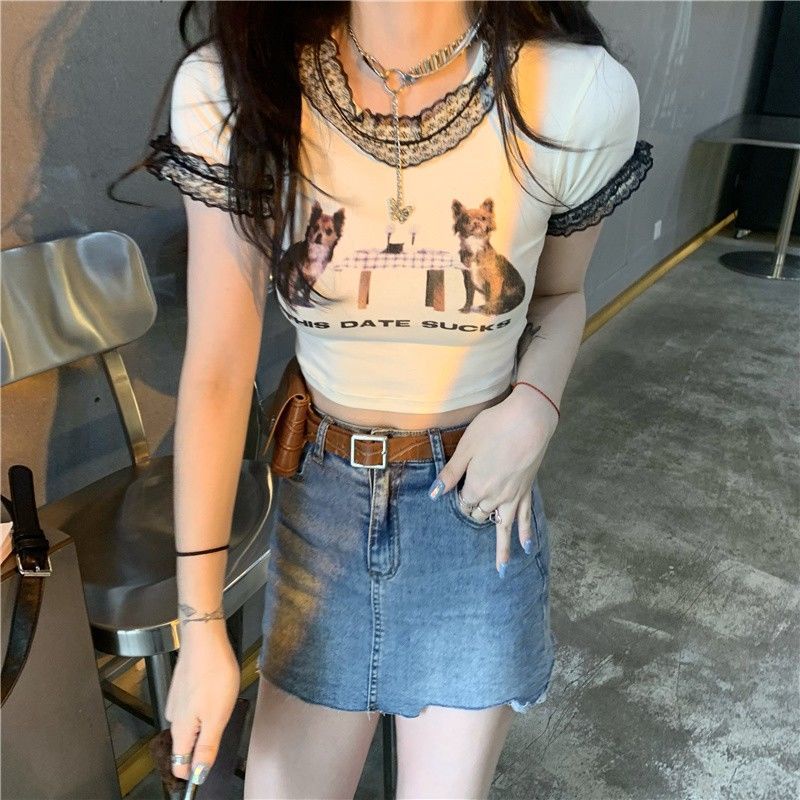 atasan renda import skinny lace atasan cropped navel print atasan lengan pendek wanita Hyuna Port