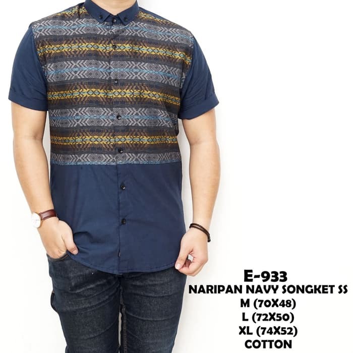 Promo Kemeja batik pria lengan pendek songket navy biru dongker Berkualitas