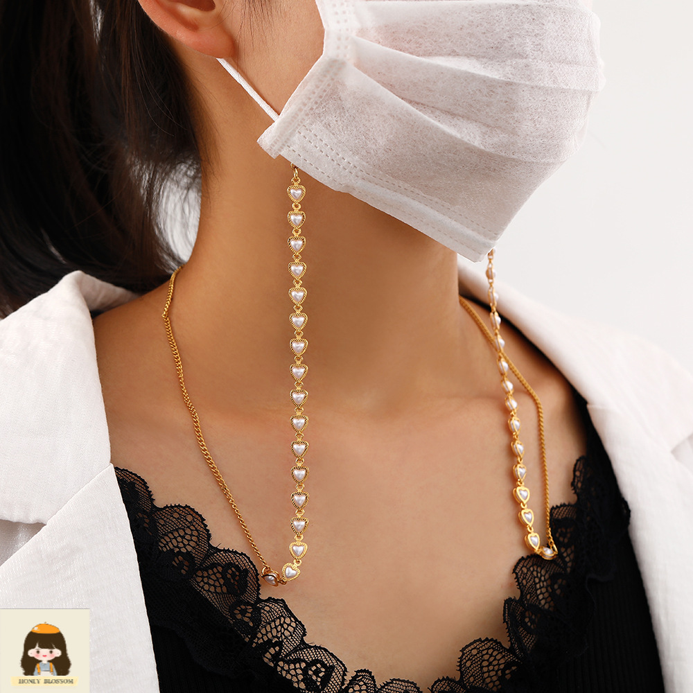 Rantai masker Tali masker Rantai Gantung Bentuk Hati Aksen Mutiara