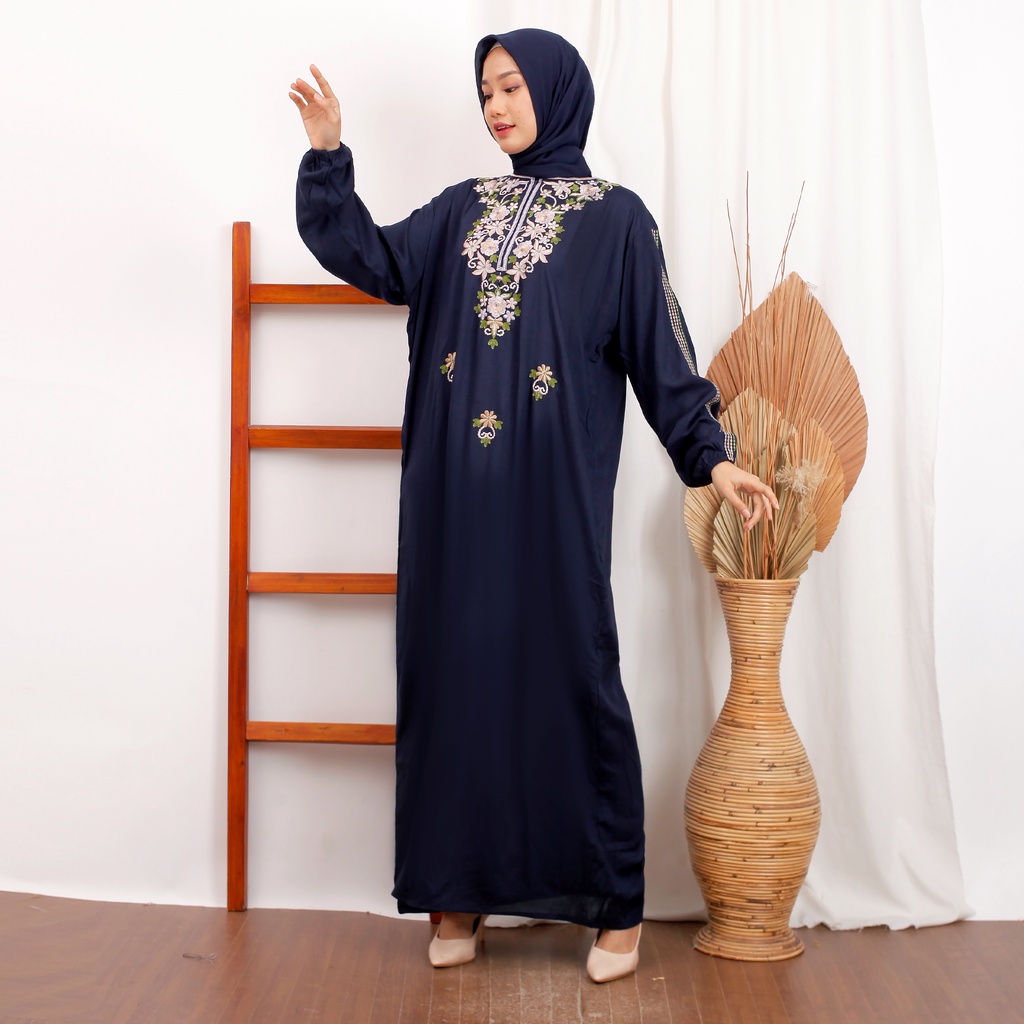 Daster Gamis Bordir Melisa Lengan Panjang Kekinian Saku Katun Rayon Premium Sleting Depan Busui