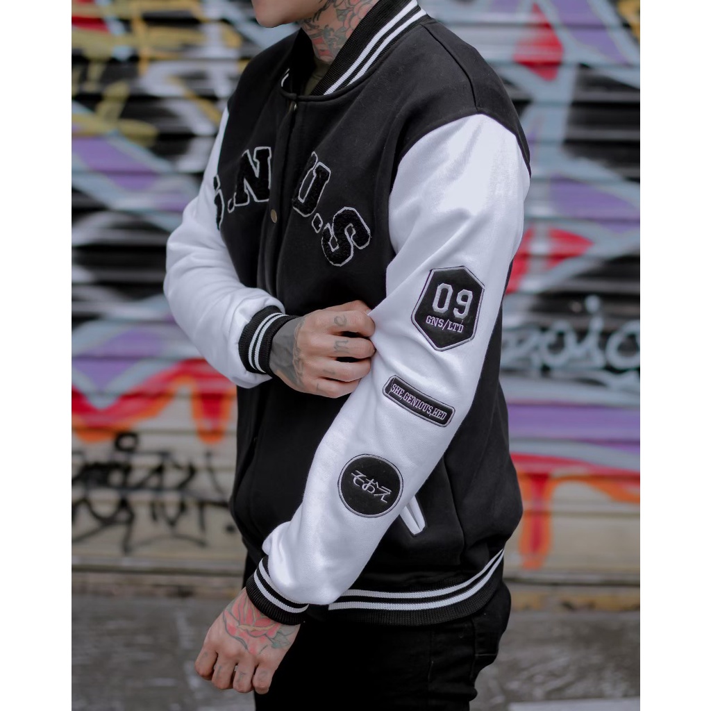 Varsity Jacket GNUS  Full Bordire - Jaket Bassebal Pria - Black-