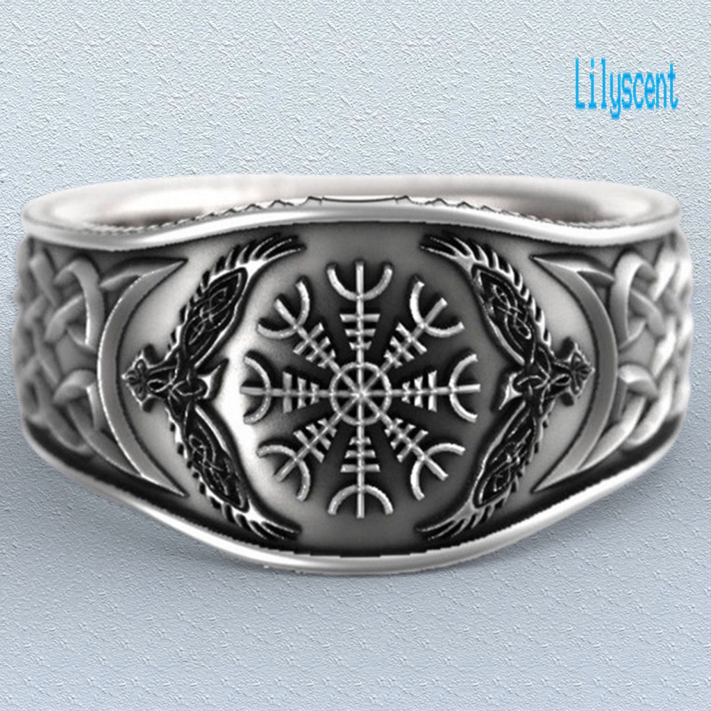 Lily Cincin Lebar Motif Ukiran Elang Kompas Bahan Alloy Warna Silver Untuk Pria