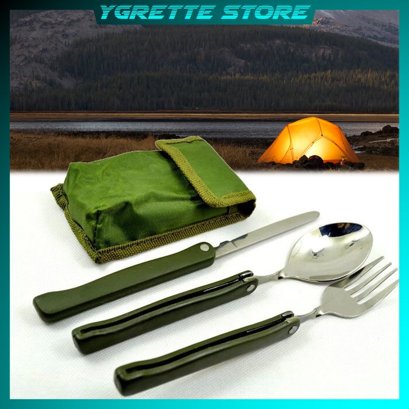 YGRETTE - Yougle Sendok Garpu Pisau Lipat Foldable Spoon Fork Knife Set Portable Army Military Camping Tools Pocket Knife EDC Multifungsi