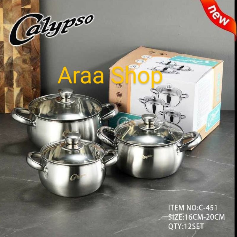 CALYPSO ORIGINAL 3pcs & 2pcs Panci Set Stainless Tutup Kaca/Cookware Set/Panci Susun Stainless Tutup