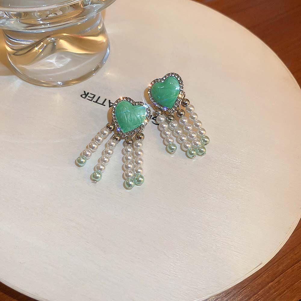 NEEDWAY Mutiara Jantung Anting Perhiasan Fashion Halus Cinta Hati Mutiara Rumbai Berlian Imitasi Drop Earrings Wanita Earrings