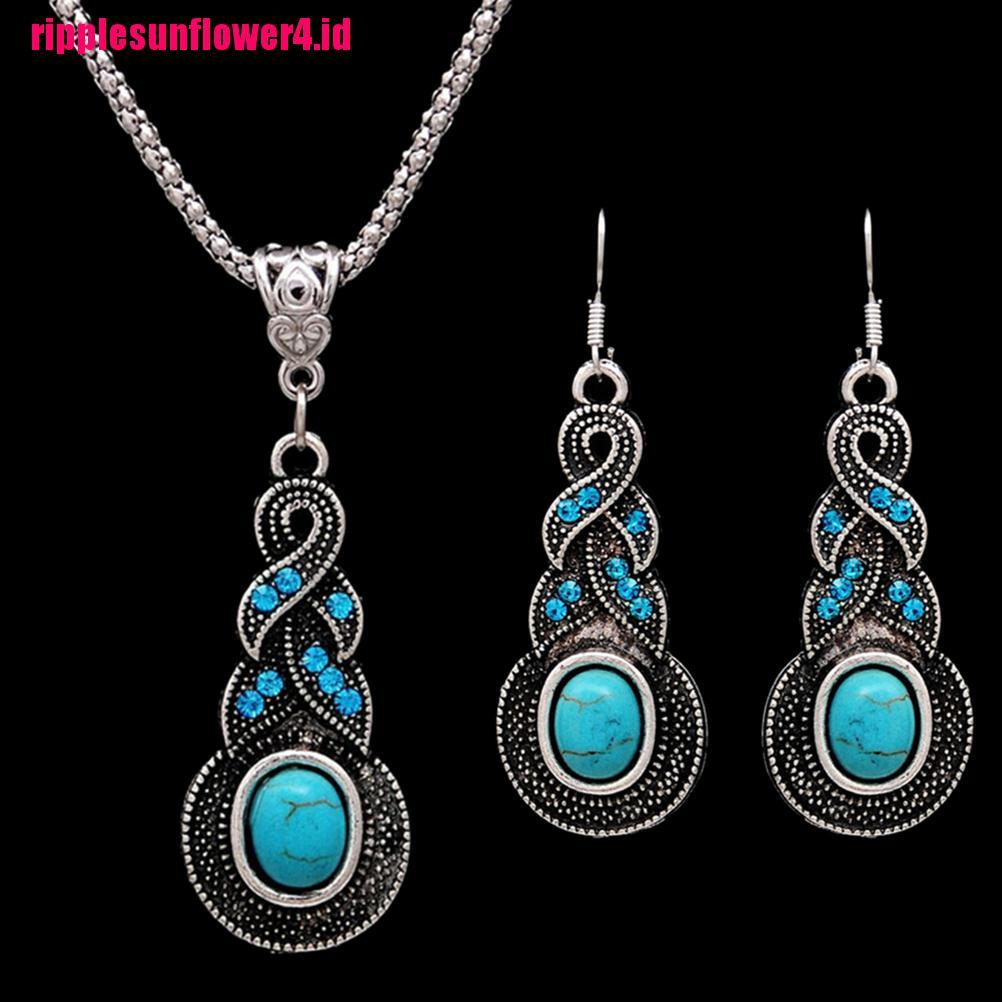 Set Perhiasan Kalung Kait Turquoise Gaya Retro Vintage