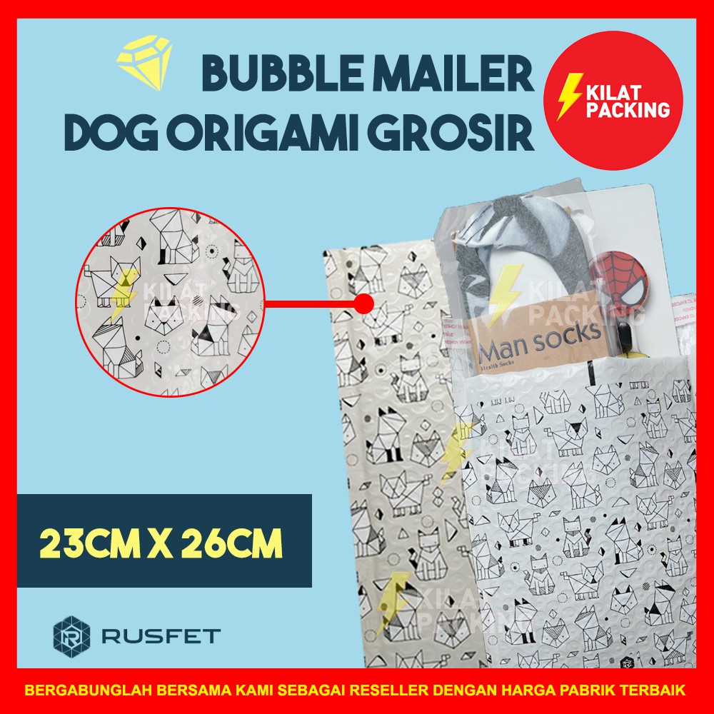 AMPLOP BUBBLE 23CM X 26CM - BUBBLE MAILER MOTIF DOG ORIGAMI - BUBBLE PACKING RUSFET PREMIUM MURAH