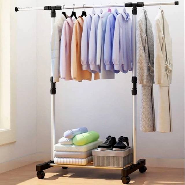 Barnik88 Stand Hanger Single Double Multifungsi Gantungan Baju  Stand hanger 4 Roda Serbaguna  - BARNIK88