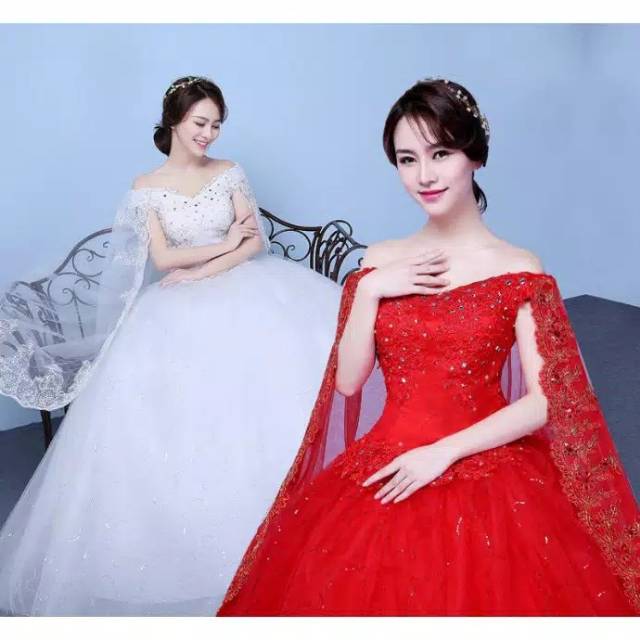 Gaun pengantin wanita bahan lace dengan tile panjang