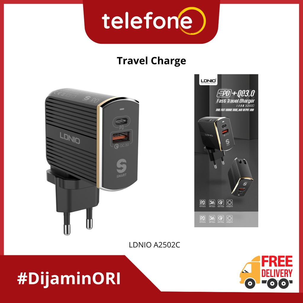 Jual TRAVER CHARGER DUAL USB PORT PD TYPE - C QC 3.0 LDNIO A2502C ...