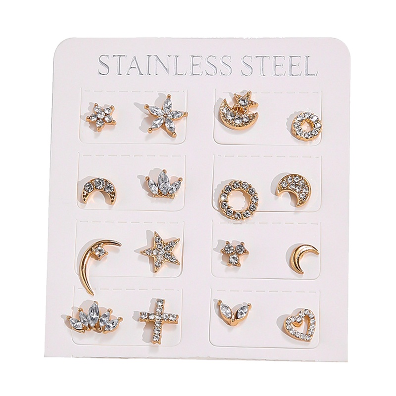 Anting Stud Desain Bulan Bintang Silang Untuk Wanita